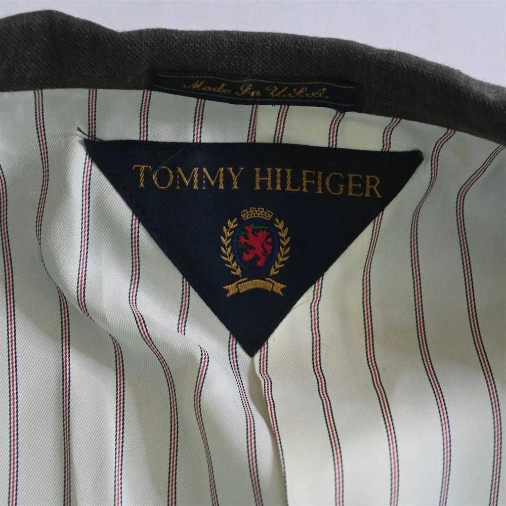Vtg Tommy Hilfiger USA Made 44L 36x30 Brown Windowpane 100% Wool Mens‎ Suit